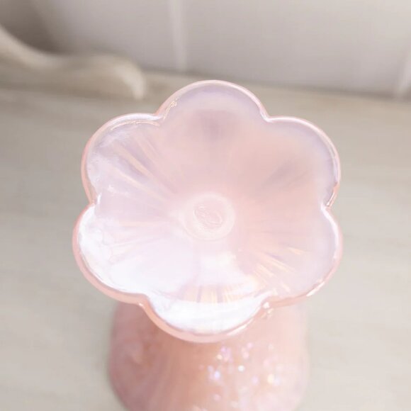 Vintage Fenton Pink Iridescent Glass Rose Floral Footed Vase - Picture 5 of 9